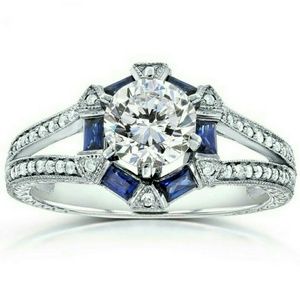 Art Deco 14K Solid White Gold Sapphire Diamond…